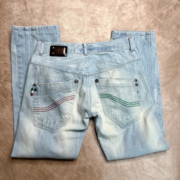 EGST Egoiste Design Low Rise Embroidered Distressed Jeans Light Wash Denim Euro - Picture 2 of 12